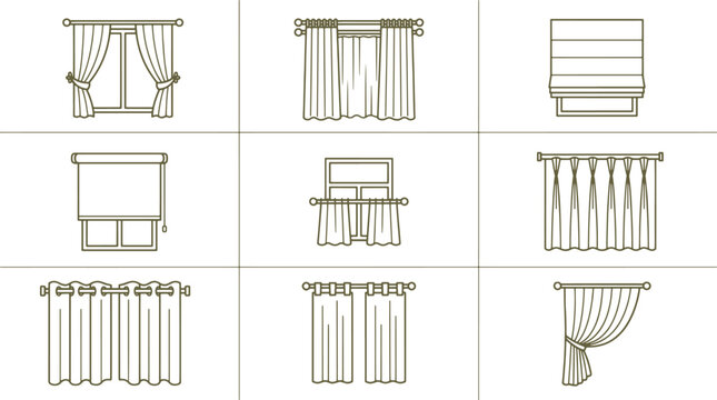 Set of window curtain and blind showcasing diverse styles of drapes, roller shades, and hanging hardware on a plain white background