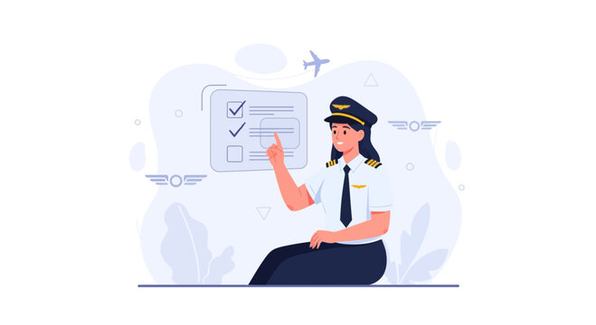 Female pilot in uniform checking a checklist on a digital screen, representing aviation safety and flight operations