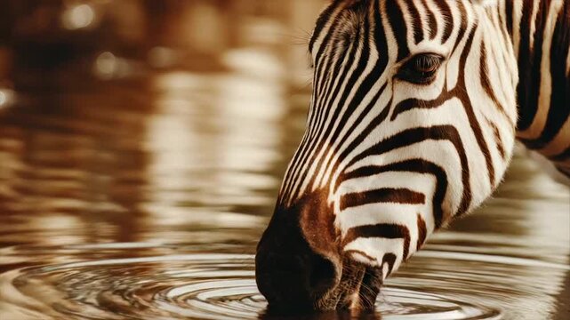 Close-up of zebra drinking from water, its distinctive stripes contrasting with ripples
