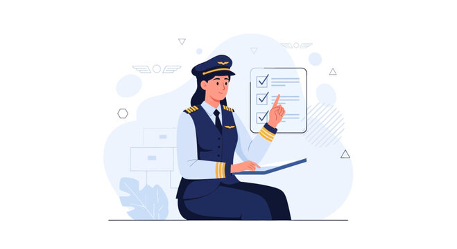 Female pilot in uniform checks checklist on clipboard, modern flat vector illustration for aviation and travel concepts.