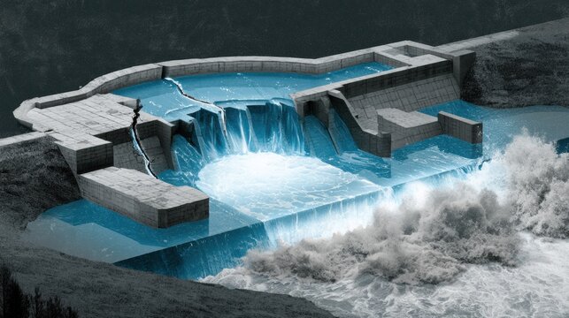 A dam experiences a small crack that leads to a massive flood downstream. The blue water contrasts with the gray concrete structure.
