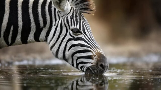 A zebra with distinctive black and white stripes drinks from a calm body of water