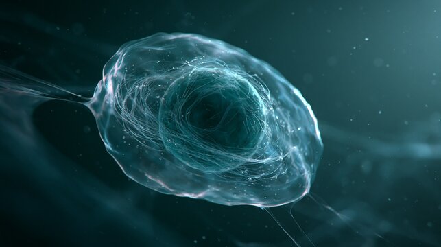 A translucent cell nucleus stretching inside a microscopic cell, fluid currents flowing through the nucleoplasm as the envelope expands under pressure, dark lab background, tense mood, cool teal