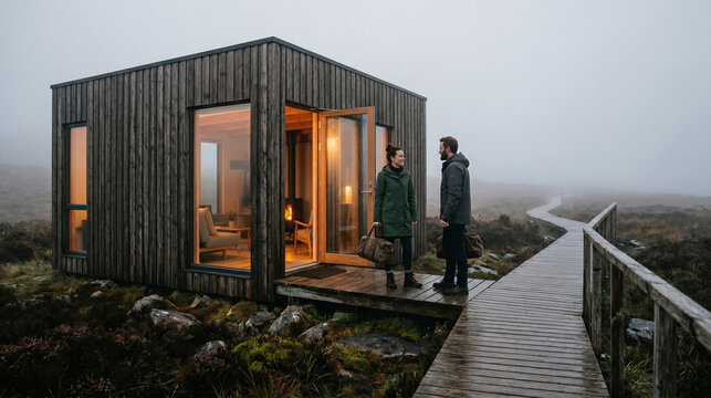 Misty Nordic Getaway Arrival for a Couple on a Secluded Boardwalk