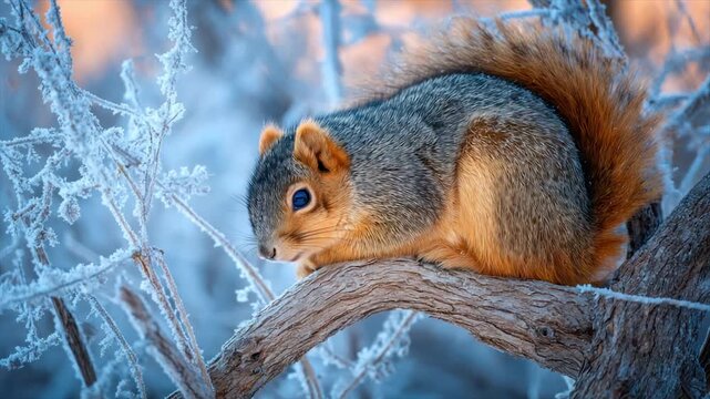 A squirrel with striking blue eyes, rests on a branch surrounded by frosted winter branches