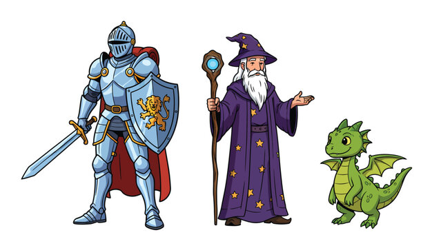 A brave knight in shining armor stands with a powerful wizard and a friendly baby dragon against a white background.