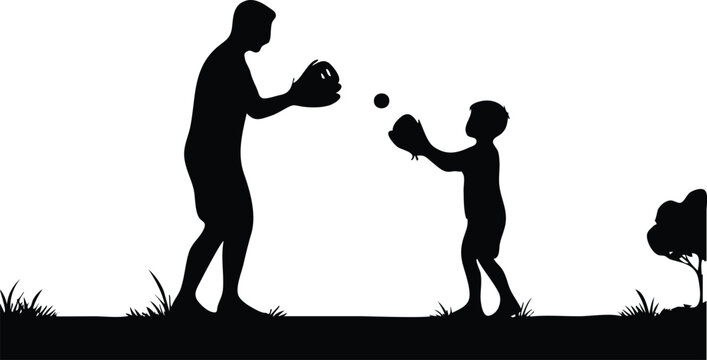 Father and son playing baseball catch silhouette vector illustration.