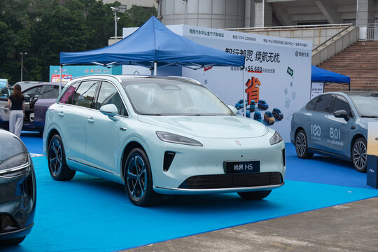 ZHONGSHAN GUANGDONG China-Aprill 11 2026: a pale light blue Seres Shijie H5 compact all-electric car.