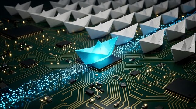 Glowing blue digital paper boat leading white boats on a computer circuit board representing digital transformation and technology leadership.