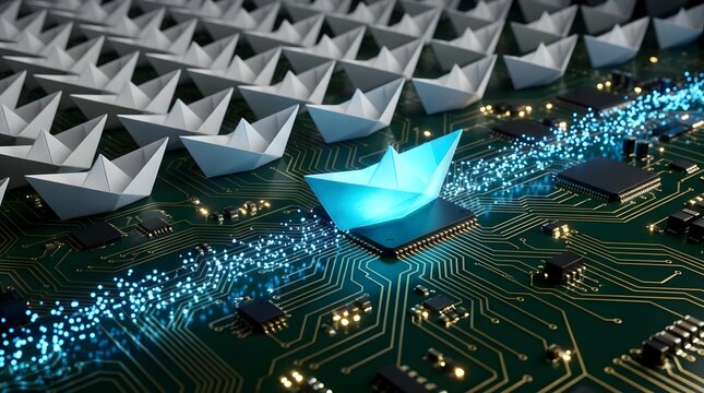 Cybernetic glowing blue boat navigating a digital motherboard ahead of white paper boats symbolizing innovative tech leadership and network data flow.