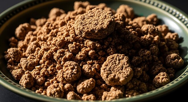 A ceramic bowl filled with textured brown kibble animal feed, nutrition