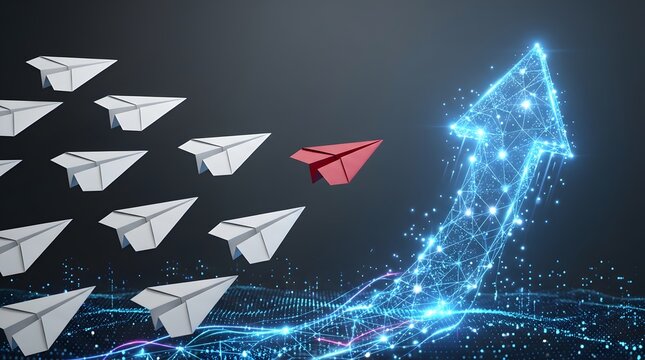 Red paper plane transforming into a glowing digital arrow leading white planes representing technological innovation and future business growth.
