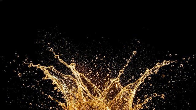Golden liquid splash with water droplets on black background