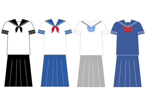 女性の学生が着るセーラー服のイラスト_夏服4種類
