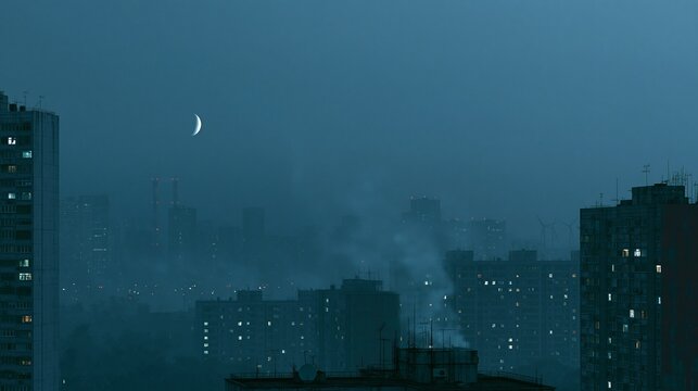 Nighttime skyline with heat waves rising above apartment buildings and a faint moon in a hazy sky, restless mood, dusky lighting, wide composition.