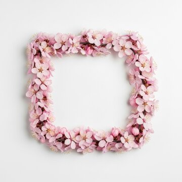 Square frame made of pink cherry blossoms and spring flower buds on branches over a white background, minimalist floral border with central copy space for text and graphic art.