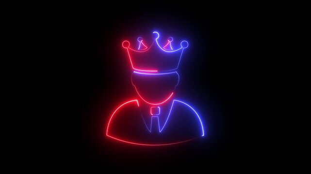 Neon king animation: glowing business leader symbol for corporate success and leadership concepts