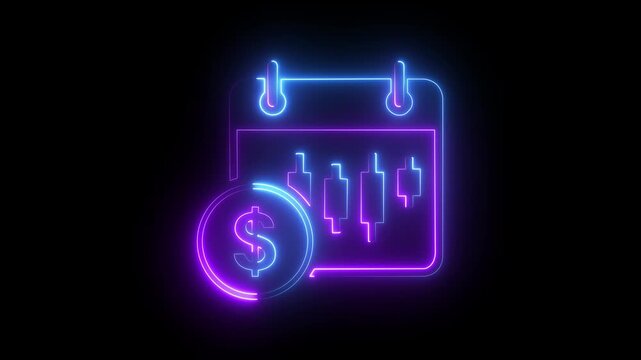 Neon financial calendar with dollar coin and stock market candlestick chart