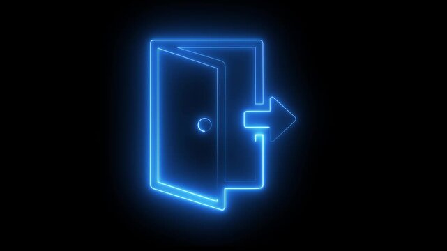 Glowing neon exit sign animation, open door symbol with arrow for emergency and wayfinding