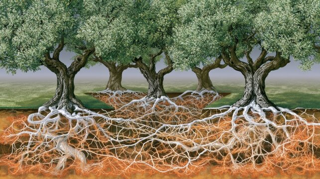 Illustration shows trees connected by underground fungal networks. Damage to one tree affects others nearby, showcasing ecological interdependence.
