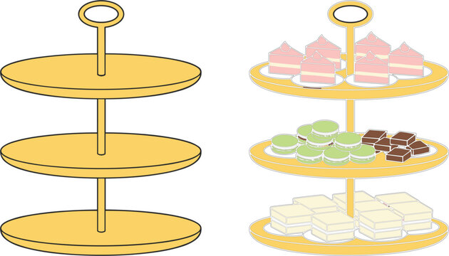 Three Tiered Cake Stand Vector Set with Empty Serving Platter and Stand Filled with Desserts for Afternoon Tea, Parties, Bakery, and Catering Graphic Designs