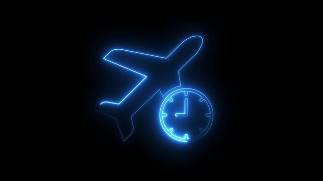 Neon airplane and clock animation representing travel schedule and flight timing
