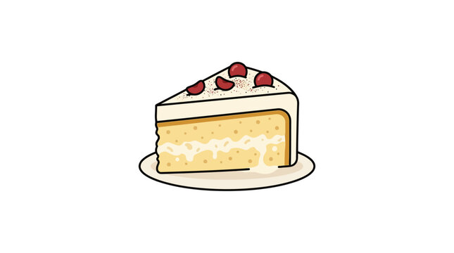 A single slice of vanilla cake with white frosting and red berries on a small plate.