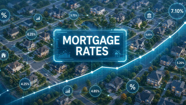 Aerial suburban neighborhood with glowing mortgage rate graphics, percentage icons, and an upward financial chart overlay.