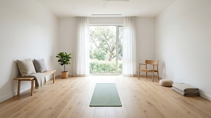 Fototapeta premium A serene yoga room with a green mat on a wooden floor, surrounded by a chair, cushions, and a plant near a large window overlooking trees outside.