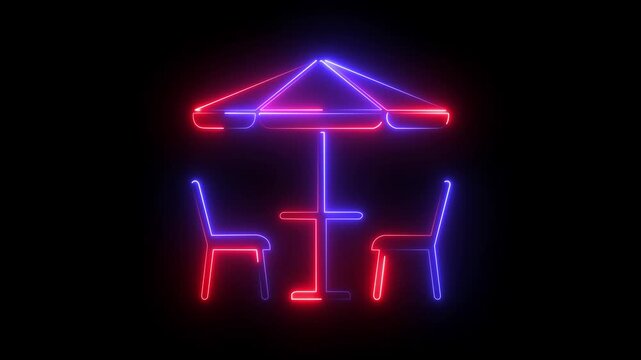 Neon outdoor cafe table and umbrella glowing on black background