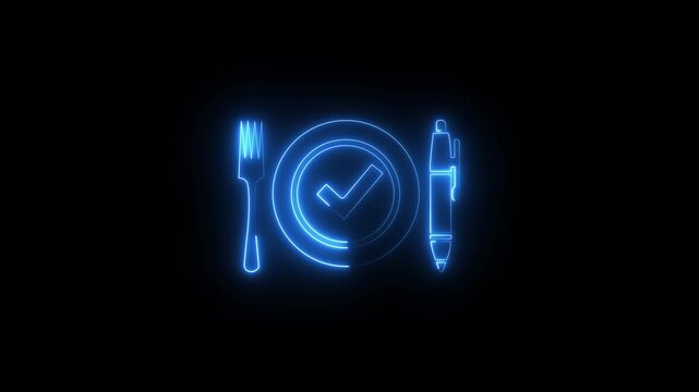 Neon glowing plate with checkmark, fork, and pen for restaurant reservation and food ordering systems