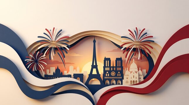 Bastille Day France Celebration Border with Fireworks Illustration