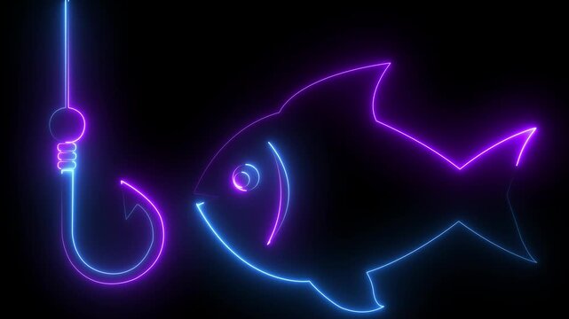 Neon glowing fish and fishing hook animation on black background