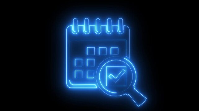 Neon calendar with magnifying glass and checkmark for project planning and task management