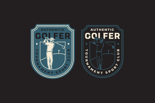 Golfer swinging pose retro badge logo set for sport. Golf player with swing pose vintage patch design pack for tournament. Golfer athlete mid swing rustic emblem element for country club