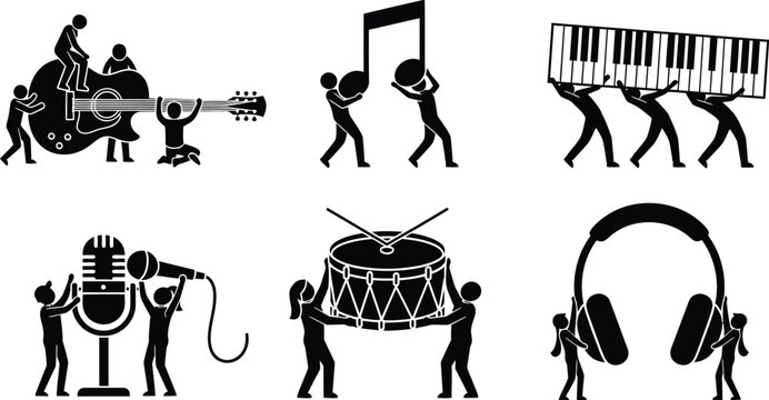 Diverse set of black and white vector icons featuring small stick figures collaborating with musical instruments and audio equipment ideal for music industry concepts and creative teamwork illustratio