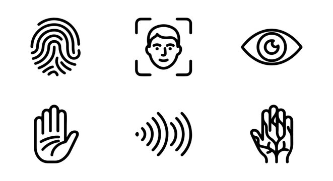 Biometric Security Icons: Fingerprint, Face Scan, Eye, Hand, Touch, Palm Recognition