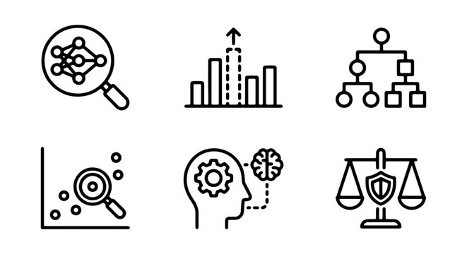 Data Science Icons: Machine Learning, Analytics, AI, Strategy, Research, Justice
