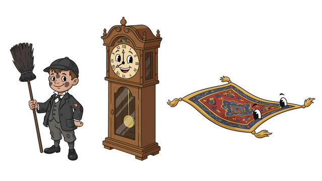 A cartoon boy with a broom, a grandfather clock, and a magic carpet with penguins.