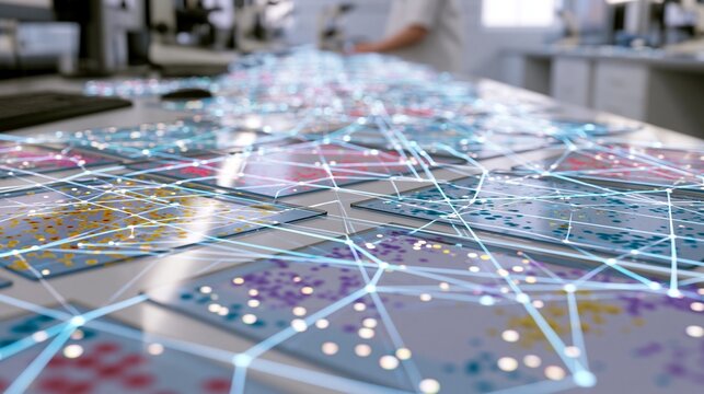 A workstation shows spatial biology panels, colored sample spots, and network links aligning across translucent slides, quiet research mood, bright neutral lighting, wide composition.