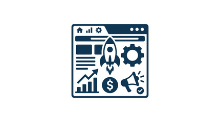 Digital Marketing Strategy Icon Set: Rocket, SEO, Analytics, Megaphone, Gear © Dayah