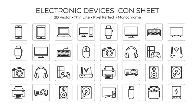 Electronic Devices Icon Sheet: 2D Vector, Thin Line, Pixel Perfect, Monochrome Icons