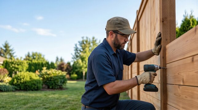Man builder installing wooden plank for fence in garden. Handyman using power drill for DIY home improvement project. Professional carpentry work and exterior property renovation concept.
