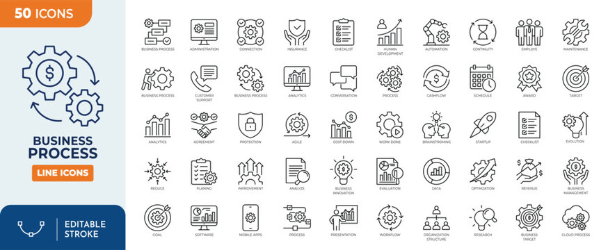 Business process icon set. Workflow and productivity icons. editable stroke. vector illustration