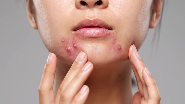 Close-up of young woman touching acne pimples on chin