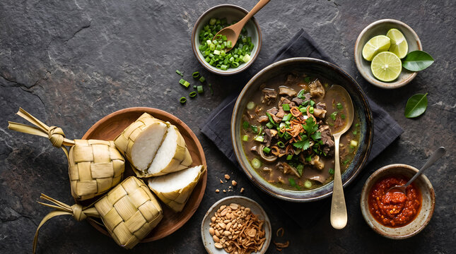 Premium flat lay of authentic Coto Makassar with traditional accompaniments. Perfect for menu layouts, restaurant branding, culinary blogs, tourism promotion and food advertising.
