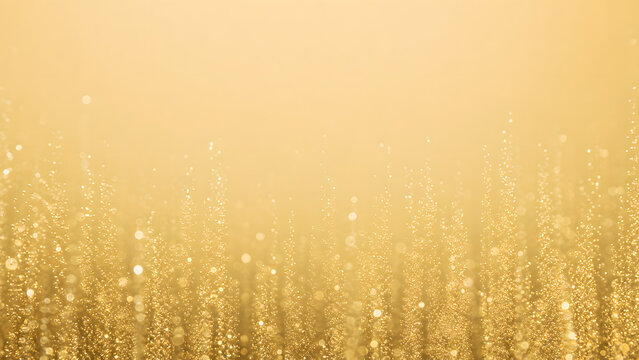 Extreme macro of golden champagne bubbles rising in yellow background