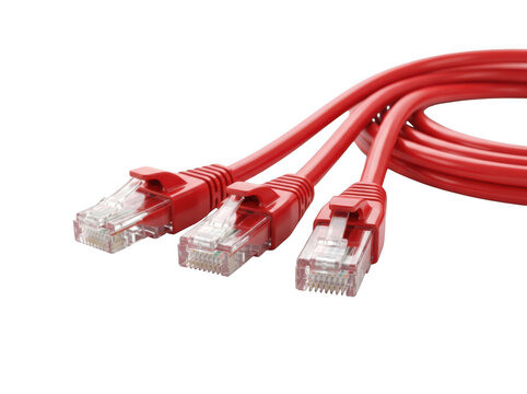 Three coiled red ethernet lan network cables with rj45 connectors as PNG isolated on transparent background