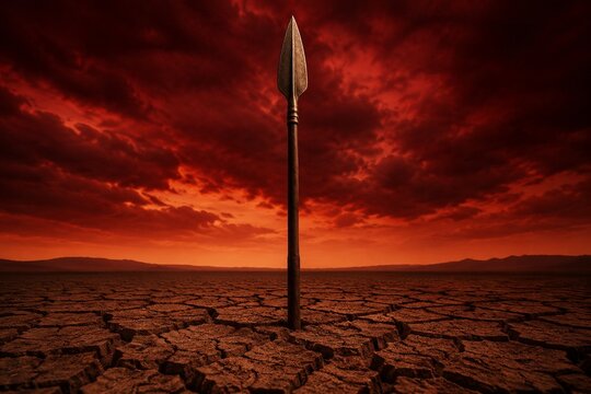 Bronze spear in cracked earth under crimson sky, symbolic scene.