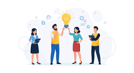Fototapeta premium Teamwork and Innovation: Diverse people holding a bright idea lightbulb, symbolizing collaboration and creative solutions